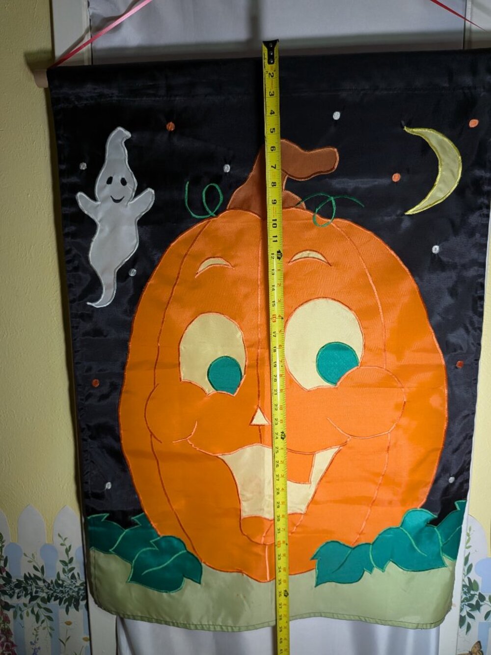 Vintage Applique Halloween Pumpkin Ghost House Flag Large Embroidered Banner - Picture 8 of 11
